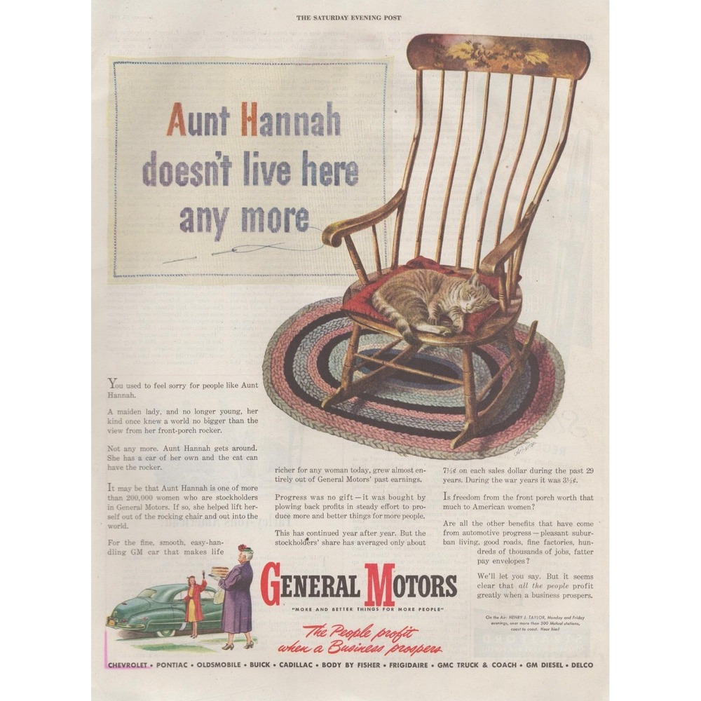Vintage 1947 General Motors Print Ad Cat Rocking Chair Women Car Americana